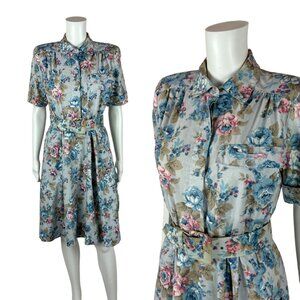 Vintage 80s Floral Dress Women's XXS Blue Pockets Belted Shirtdress Cottagecore